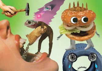 Silly cartoonish illustrations including hamburger man