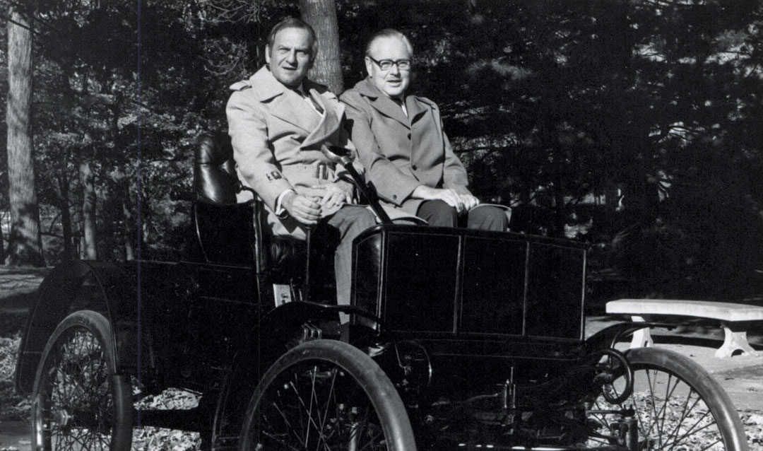 Lee Iacocca and Deming Lewis in Packard car on Lehigh University campus