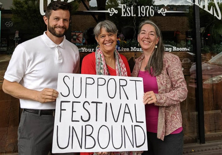 Lehigh Assistant General Counsel Alex Radus pictured with festival organizer Anne Hills and Ramona LaBarre, managing director of Godfrey Daniels.