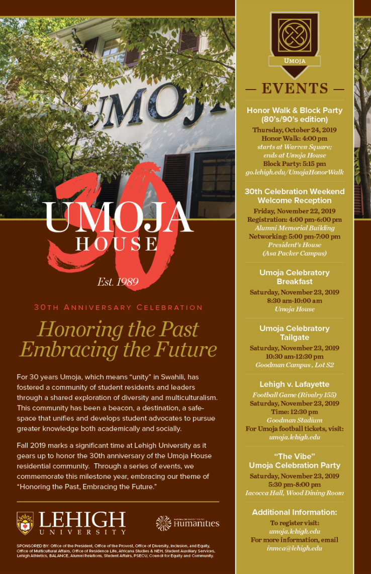 A poster detailing events for the 30th anniversary of the UMOJA House