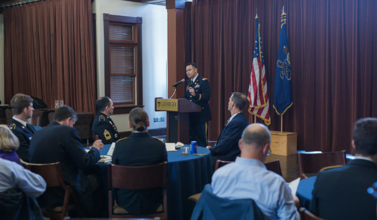 Major John Abella, professor of military science at Lehigh, at Veterans Day luncheon