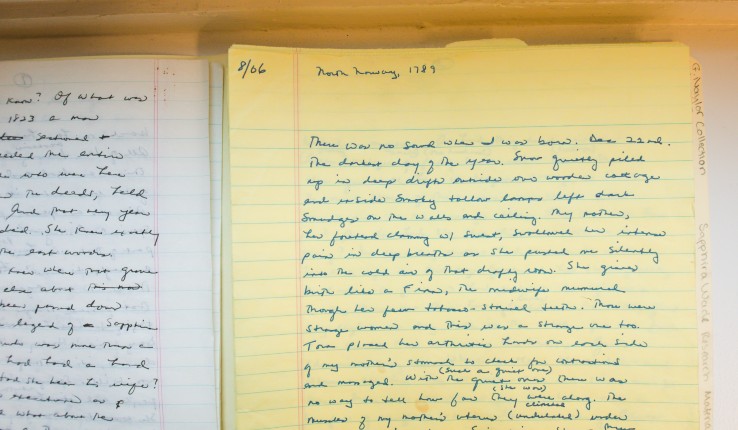 Handwritten manuscript on yellow paper of Sapphira Wade, an unfinished novel by Gloria Naylor