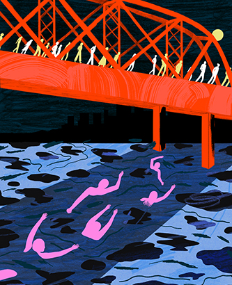 Illustration of red bridge over water with figures walking on bridge and swimming underneath