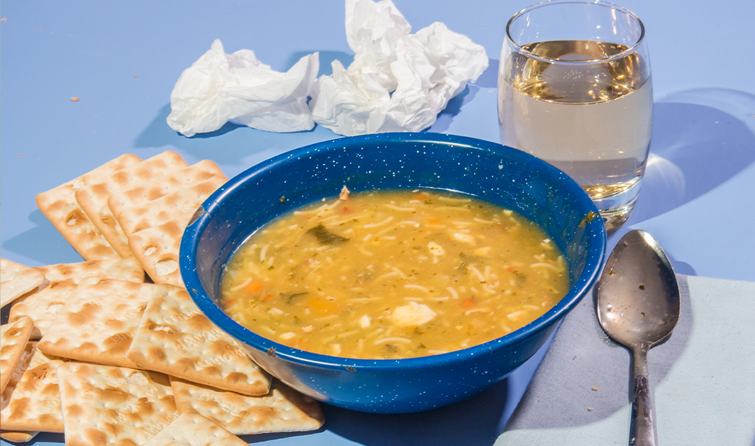 chicken soup, saltines and ginger ale