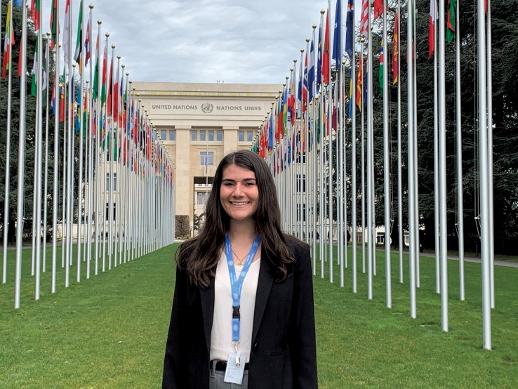 Samantha Margolis in front of the United Nations in Geneva