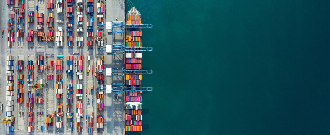 Aerial view of container ship in port