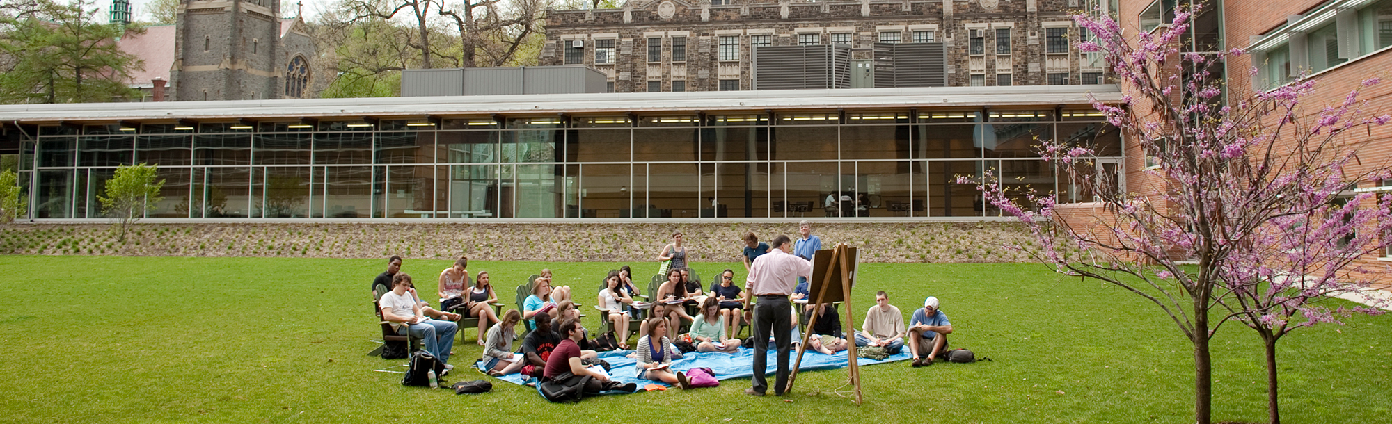 A class being taught outside on the grass