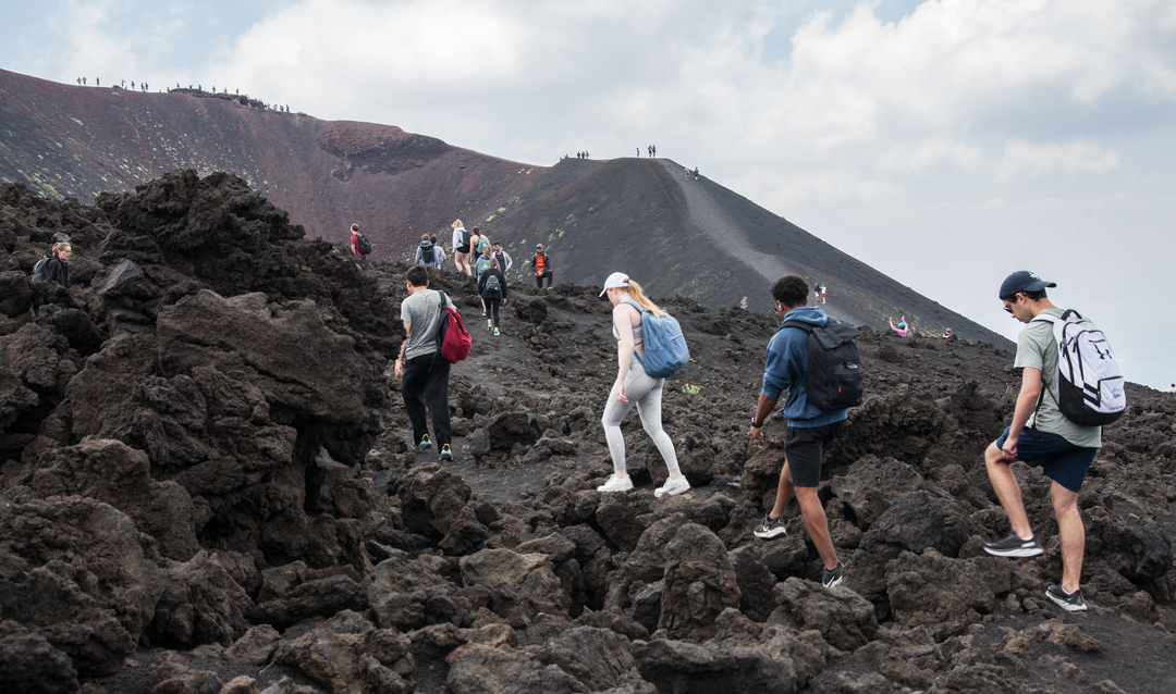 Students hiking up Mount Etna