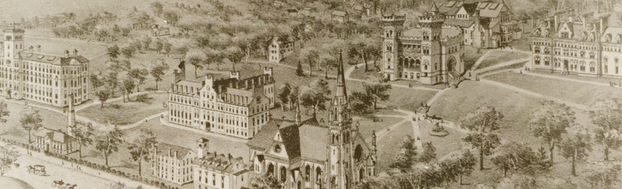 Sepia tone drawing of campus