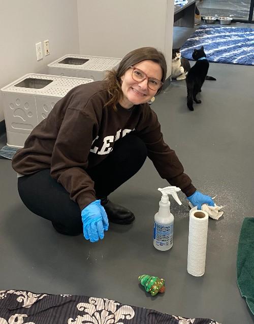 Shannon Keefer cleaning the cat room.