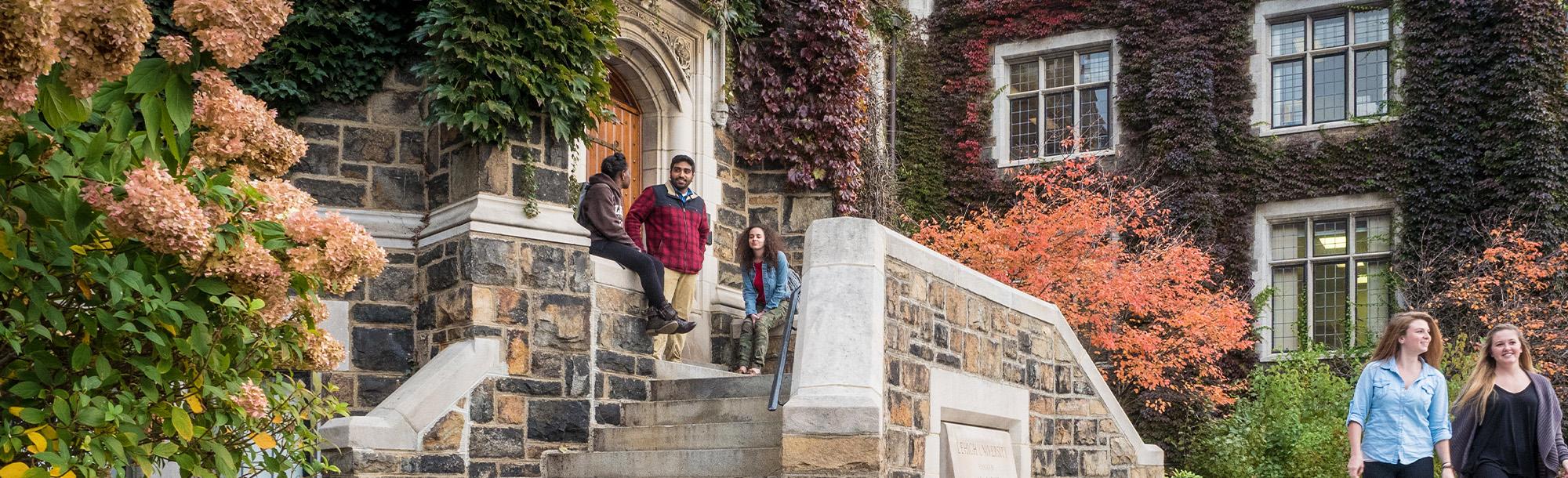 Students sitting on the steps of Linderman Library