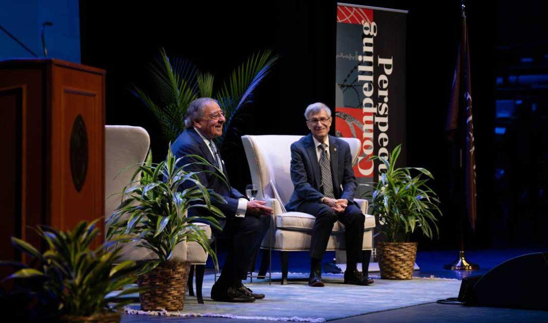 Leon Panetta and President Joseph J. Helble in conversation during Compelling Perspectives