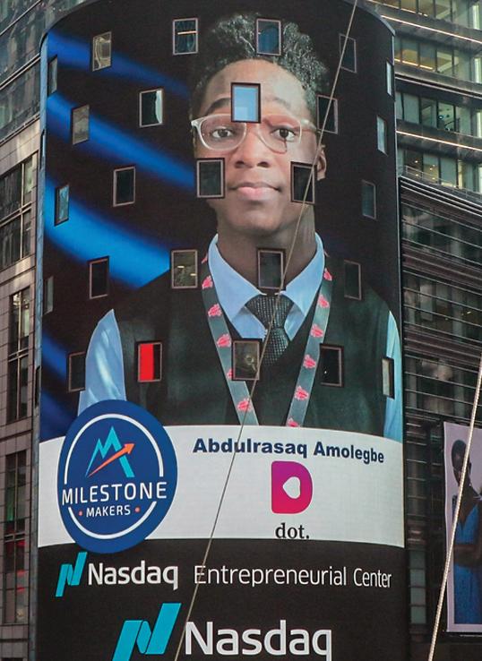 Abdulrasaq (Dulra) Amolegbe ’26 on the Nasdaq MarketSite in Times Square