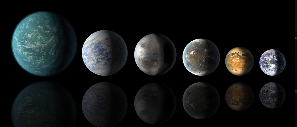 An artist's conception shows exoplanets discovered with NASA's Kepler space observatory that are located in the habitable zones of their host stars and can thus support liquid water on their surfaces. From left: Kepler-22b, Kepler-69c, Kepler-452b, Kepler-62f, Kepler-186f and Earth. In its relationship with its host star, Kepler-452b (1,400 light-years from Earth) most closely matches the relationship Earth has with the sun. (Image credit: NASA/Ames/JPL-Caltech)