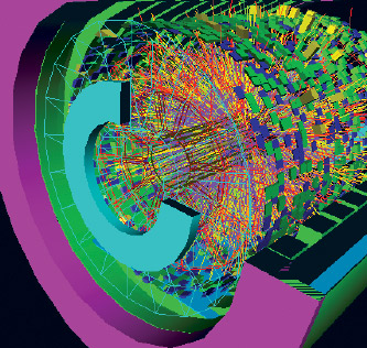A computer rendering of a collision of two beams of gold ions in the STAR detector