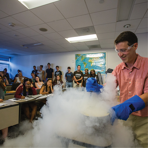 Professor making ice cream with liquid nitrogen