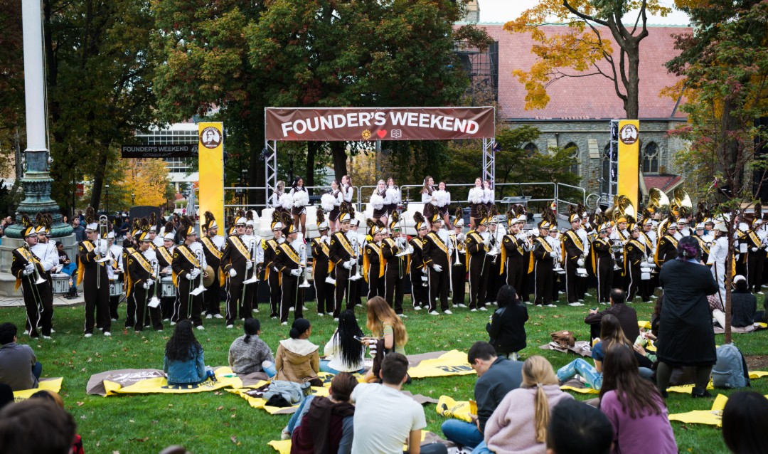 Lehigh University's Marching 97 marching band at Brown & White BBQ