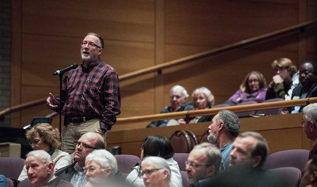 A man asks a question after Charlie Dent presented the Kenner Lecture at Lehigh University