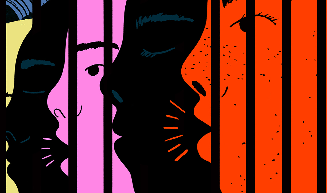 Colorful illustration of faces in profile with black lines