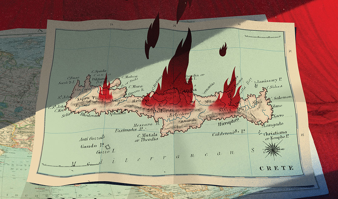 Illustrated map of Crete with flames drawn atop it