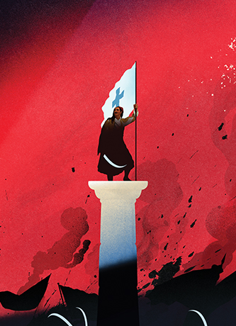 Illustration of man on pedestal holding flag