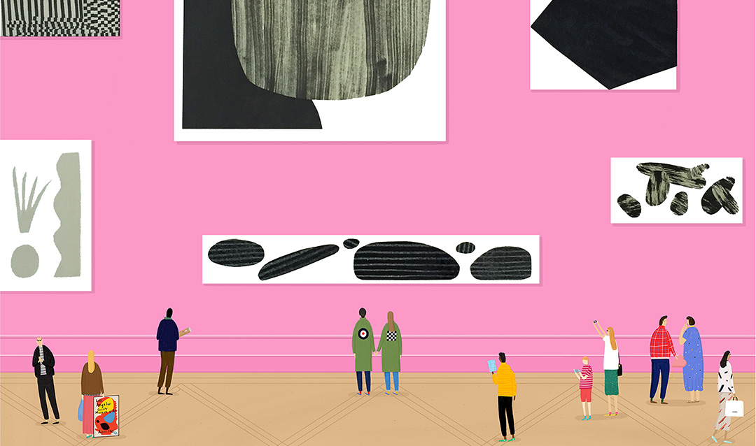 An illustration of people looking at art displayed on a pink museum wall. 