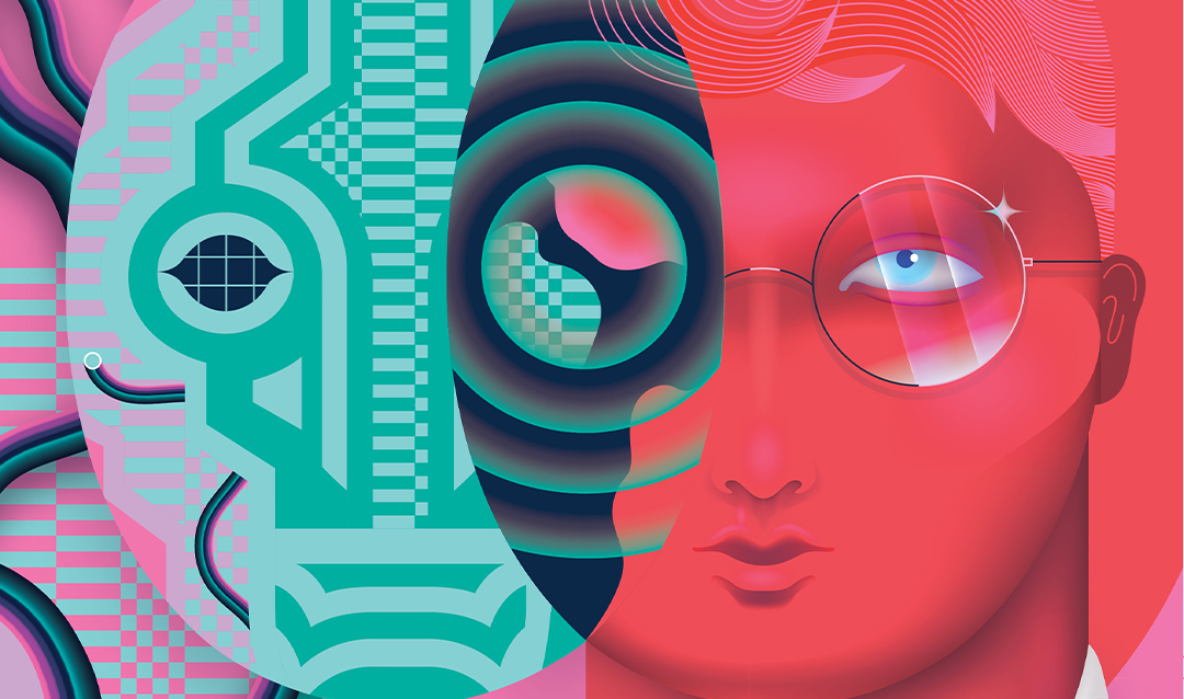 Colorful illustration of human and robot faces fusing together