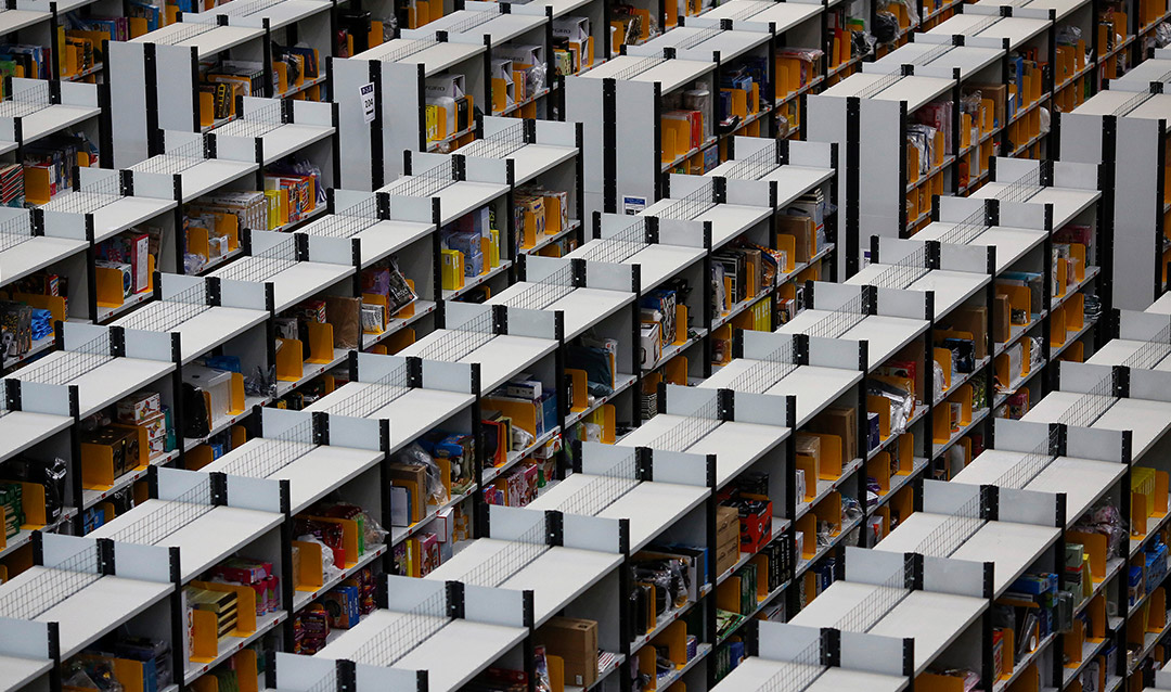 Shelves in an online shopping fulfillment center