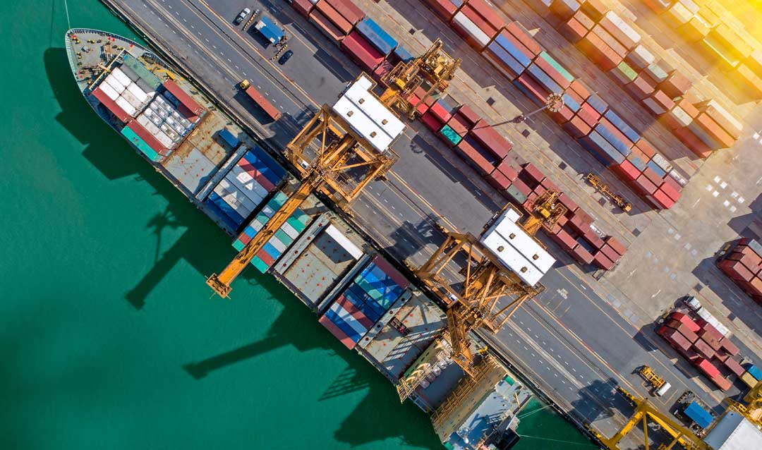 Ships transport goods around the globe