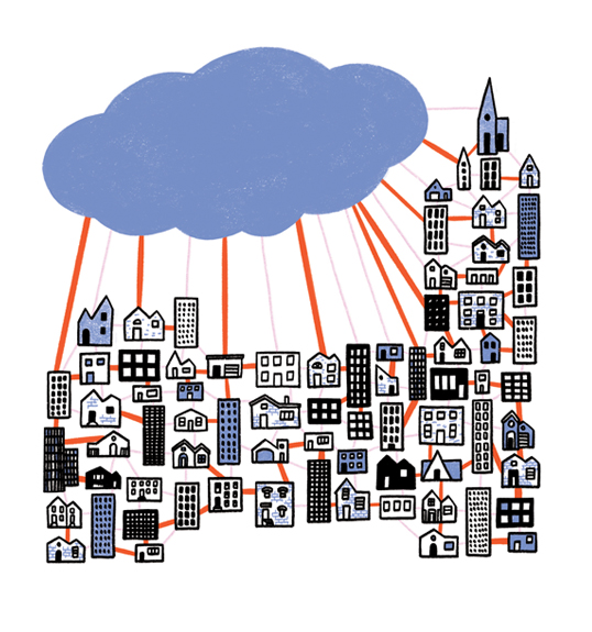 illustration of the web cloud going into buildings
