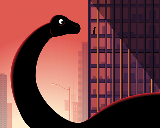 Illustration of a dinosaur looking at an office building