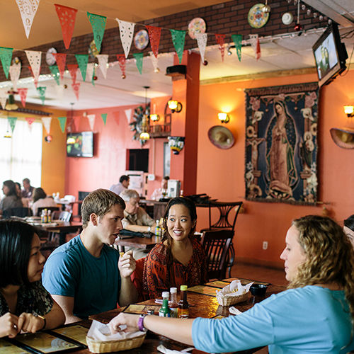 Students eating in a restaurant