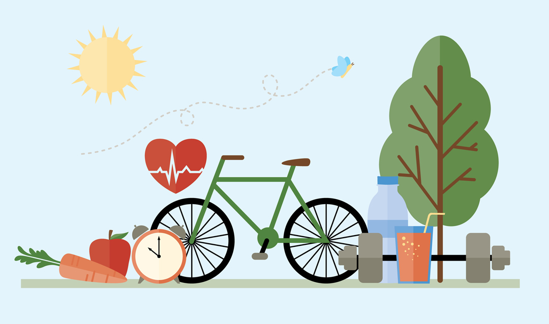 Illustration of a bike, a tree, and other health-related items on a sunny day