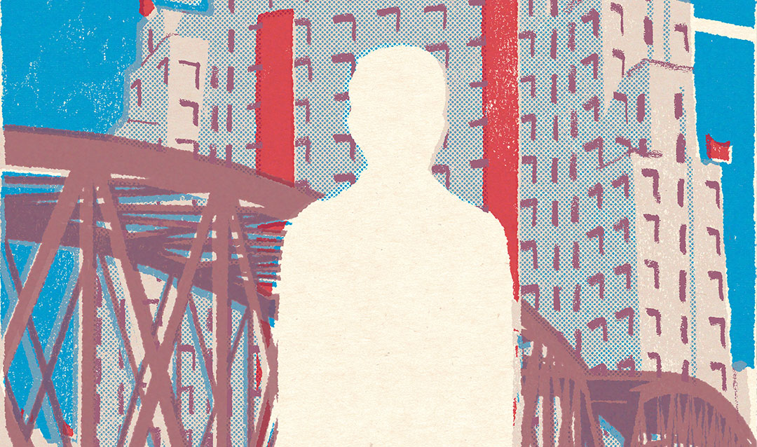 Outline of a person with cityscape behind them