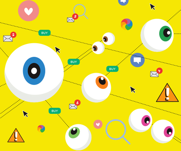 Illustrations of eyes looking at buy buttons