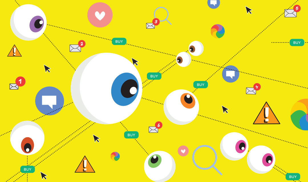 Illustrations of eyes looking at buy buttons