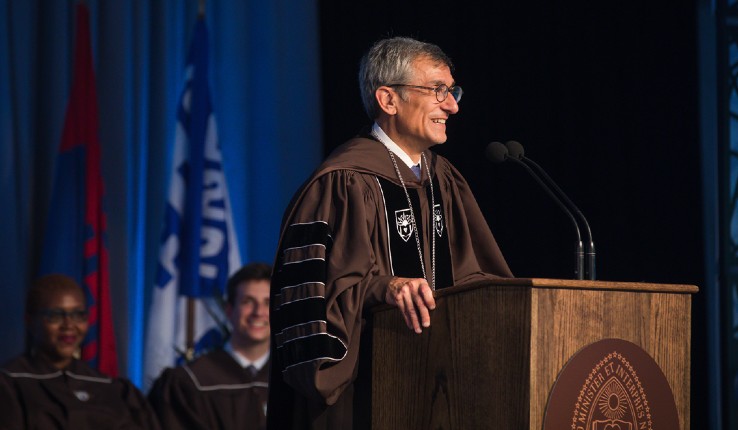 Joseph J. Helble ’82 delivers his remarks at his inauguration on Friday in Tamerler Courtyard.