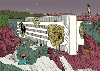Illustration of green growht on a modern building surrounded by water and dirt, with people wandering around it