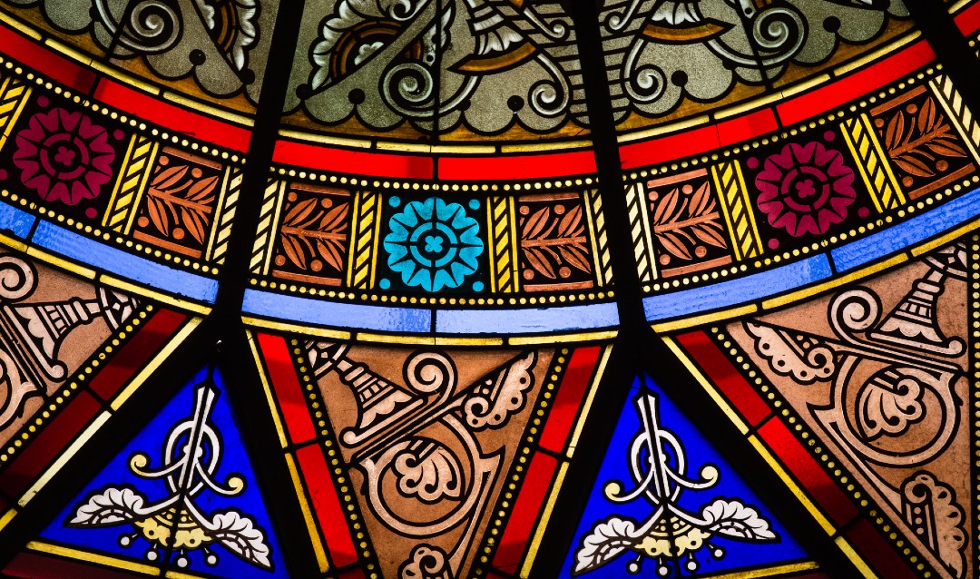 Colorful close-up image of Lehigh University's Linderman Library rotunda stained glass