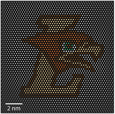 In this illustration, an atomic-resolution image of a high-entropy alloy (HEA), comprised of several refractory elements, collected using Lehigh’s own scanning transmission electron microscope (STEM) can be seen. Bright “dots”, signifying individual atomic columns, can be seen in an organized array corresponding with a specific crystallographic orientation. In this piece, the hue of various atomic columns was strategically manipulated to create the Lehigh L and hawk mascot.