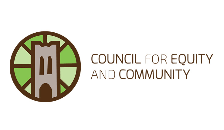 Lehigh University Council for Equity and Community logo, a drawing of Lehigh's Alumni Memorial Building tower with two shades of green in the background
