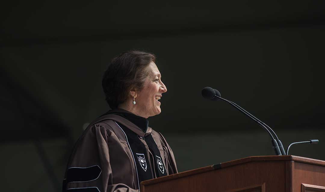 Judy Marks ’84 ’13P, the chair, CEO and president of Otis Worldwide Corporation, presented the Commencement Address
