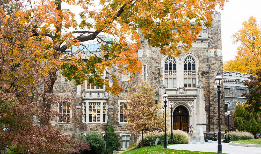 Lehigh University's Linderman Library with yellow fall foliage in the foreground