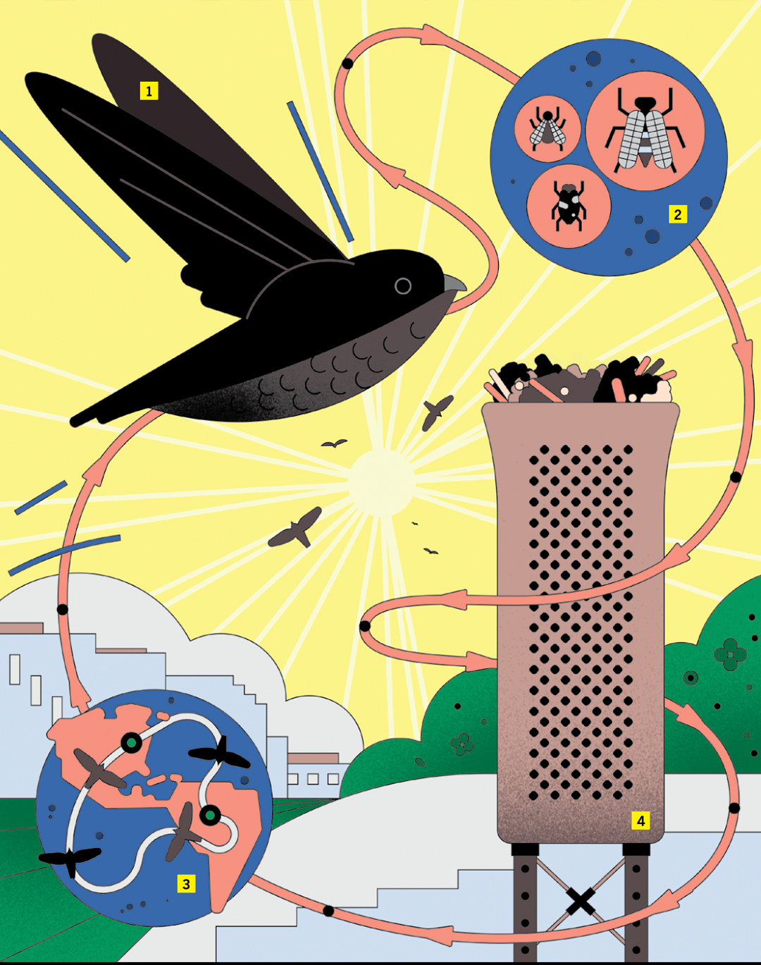 An illustration showing chimney swift nesting towers