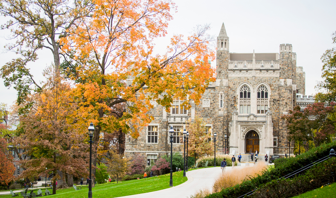 Part of Lehigh's campus featuring Linderman Library in the fall.