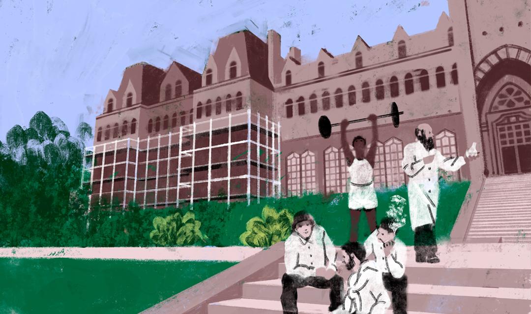 Illustration of people in historical clothing sitting and standing on steps outside Clayton University Center building.