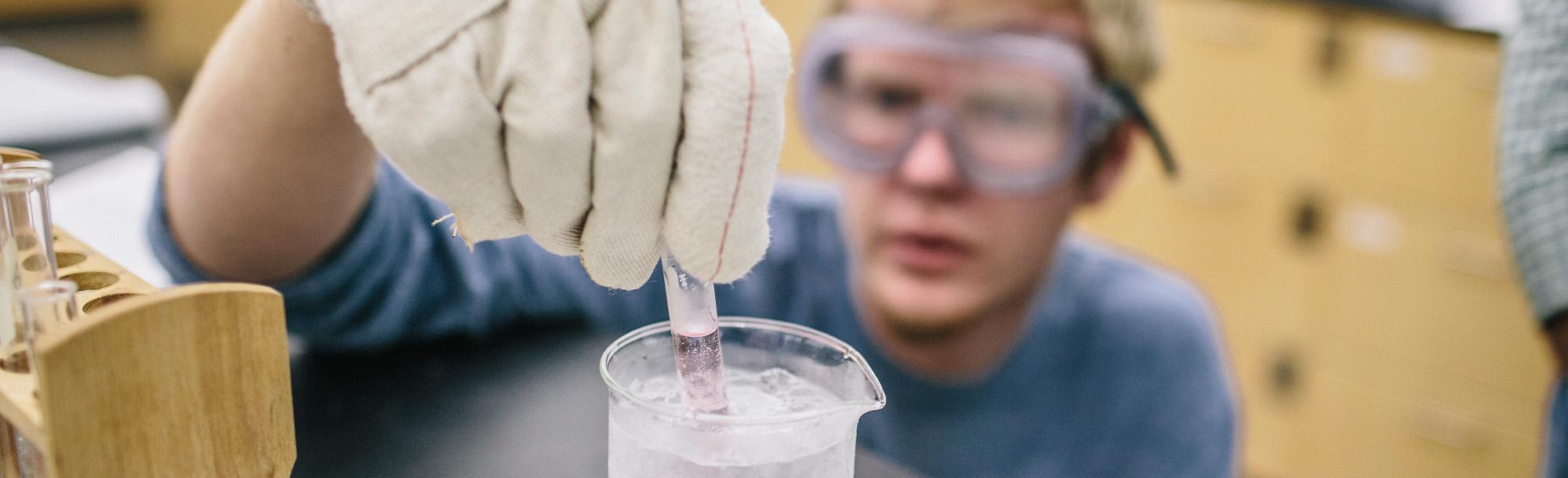 Close up of a male student putting a test tube of pink liquid in a beaker of clear liquid