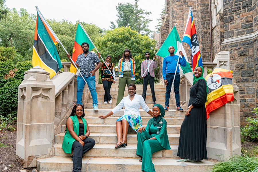 Students posing on stairs