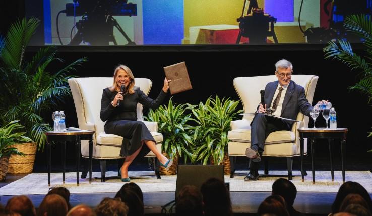 Katie Couric holds her honorary degree from Lehigh