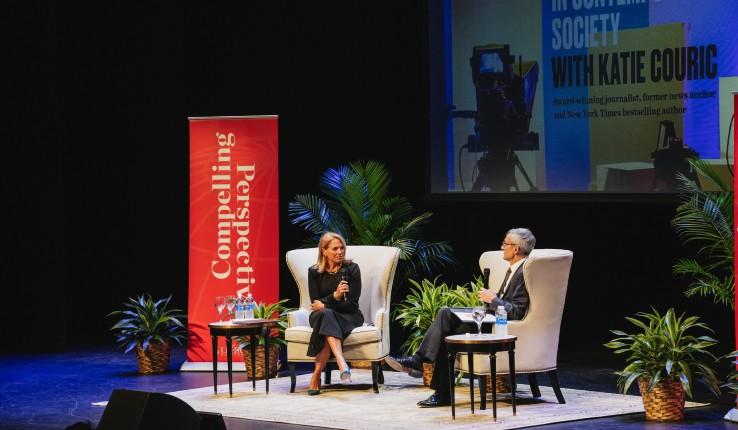 Katie Couric and President Helble on stage from side